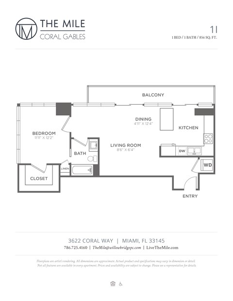 Floor plan for 1 bed, 1 bath, 856 sqft